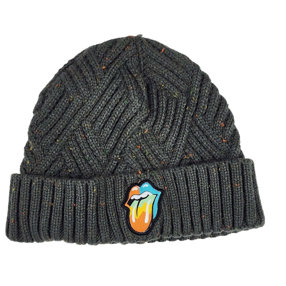 Rolling Stones Rainbow Tongue Logo Beanie Grey Cable Knit Hat Unisex Winter 2024